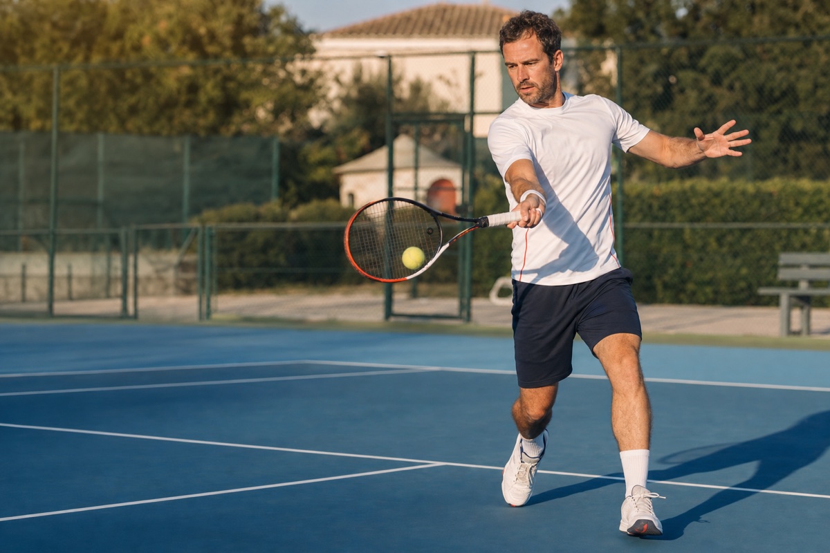 Joueur de tennis en plein échange sur un court bleu